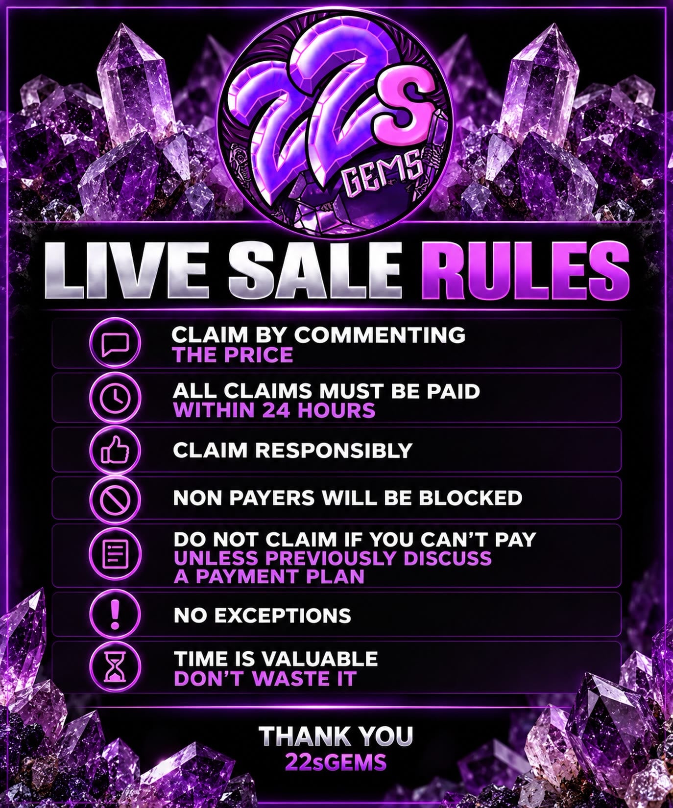22sGEMS LIVE SALE RULES